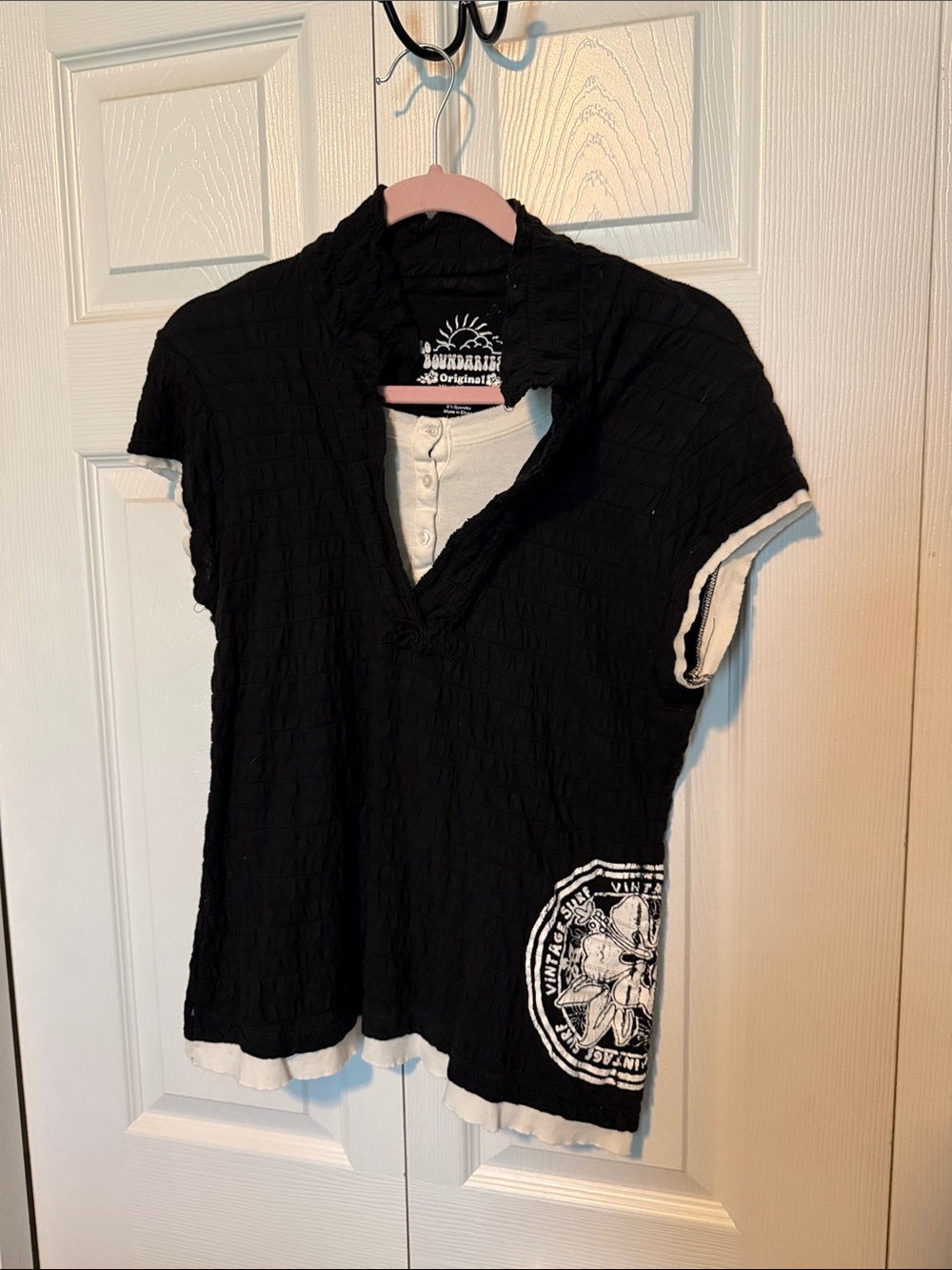 No Boundaries Black Short Sleeve Layered-Look Tee with White Accents